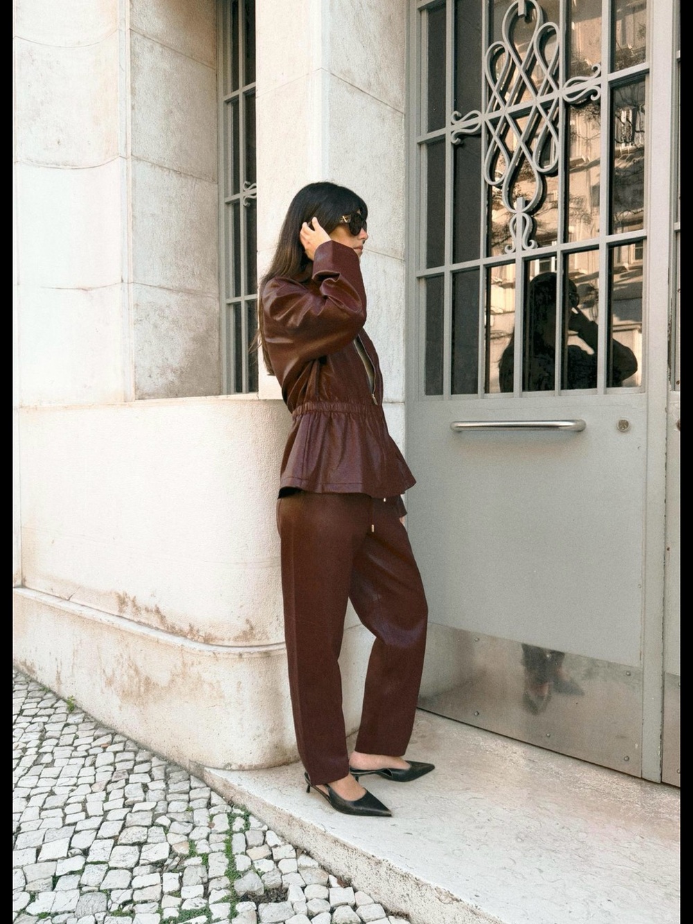 Faux Leather Drawstring Jogger Pants - Deep Brown